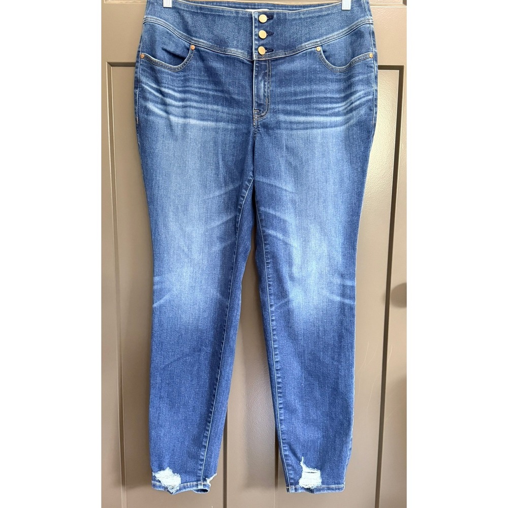 Lane Bryant Fit Genius High Rise Straight Leg Jeans Blue Distressed Hem Size 18